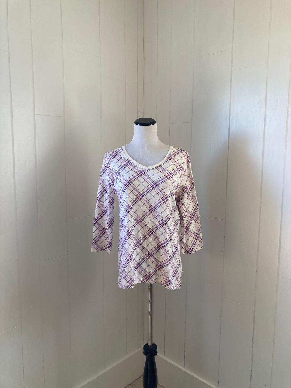 Kim Rogers Purple & White Plaid Stretch Pullover Top, Size M